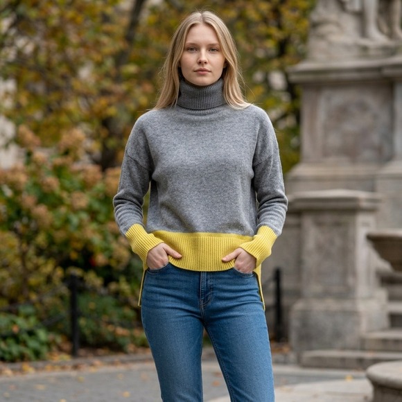 TJX Europe Sweaters - TJX Europe Cashmere Turtleneck Sweater XL Gray Yellow Colorblock Transitional